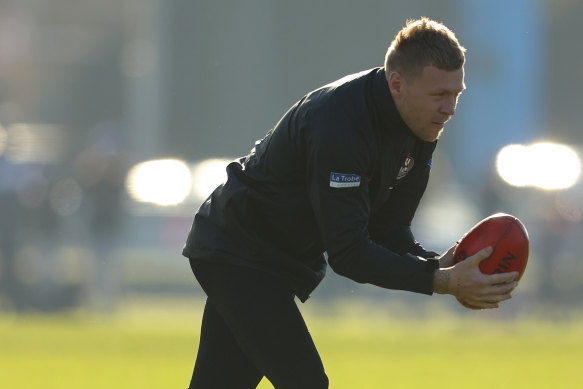 Jordan De Goey at Collingwood training on Thursday.