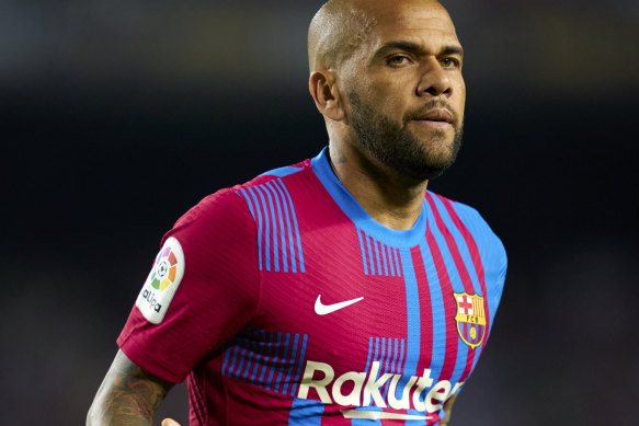 Barcelona player Dani Alves' reaction during a Spanish League match in May 2022.