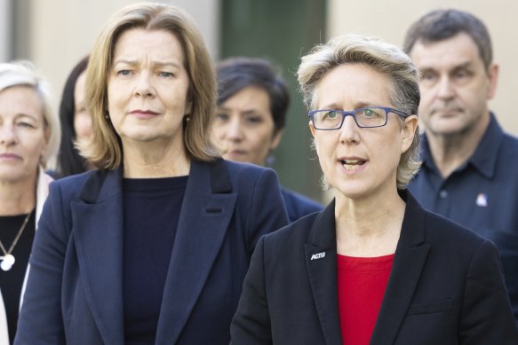 ACTU president Michele O’Neil (left) and secretary Sally McManus outside Parliament House.