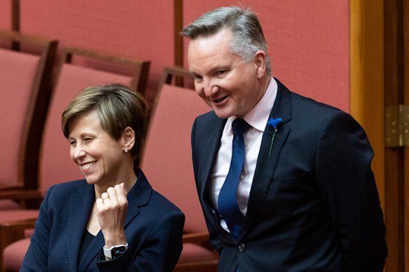 Assistant Minister for Climate Change and Energy Jenny McAllister and Minister for Climate Change and Energy Chris Bowen at Parliament House on Thursday.