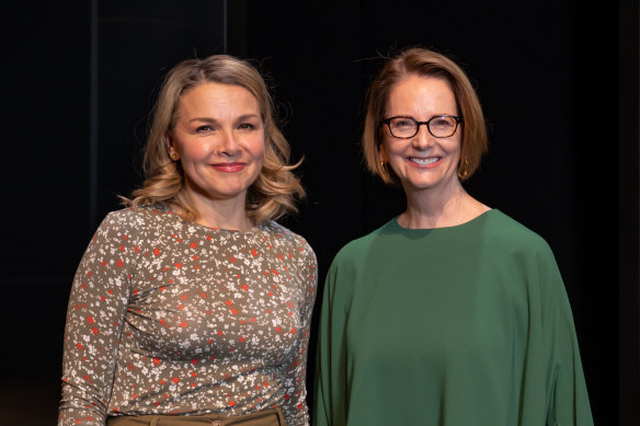 Julia Gillard (right) with Justine Clarke, who plays the former prime minister on stage.