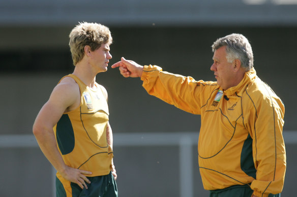 Former Wallabies coach John Connolly with a fresh-faced Berrick Barnes during a 2007 training session.