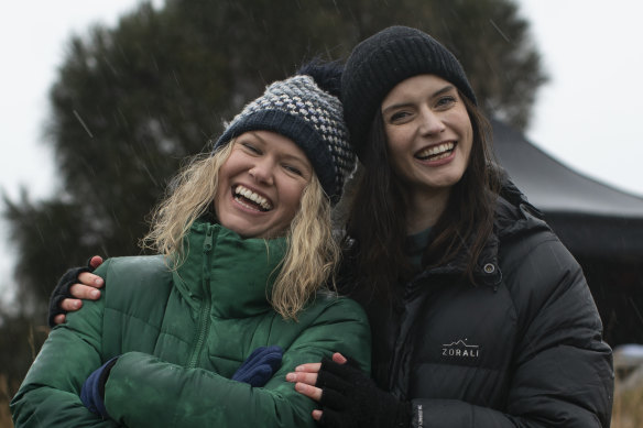 Showrunners Kate McLennan (left) and Kate McCartney on the set of Deadloch in Tasmania.