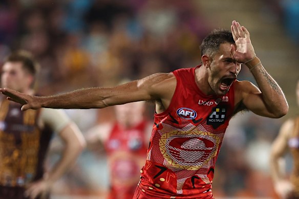 Ben Long of the Suns celebrates a goal.