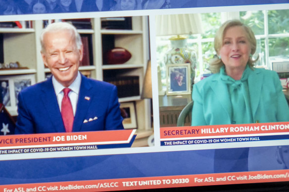 Hillary Clinton speaks to Joe Biden about endorsing him for US president during a virtual event seen on a smartphone in Arlington, Virginia. 