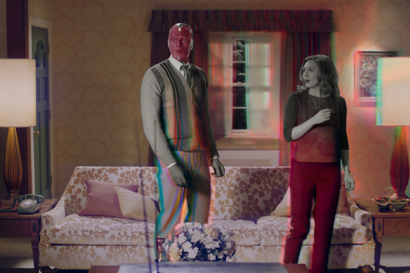 Paul Bettany as Vision and Elizabeth Olsen as Wanda Maximoff in WandaVision. 