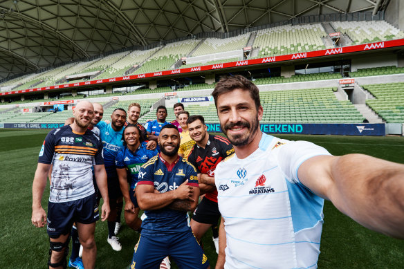 Representatives from Australian and New Zealand Super Rugby teams pose for a selfie ahead of Super Round in Melbourne.