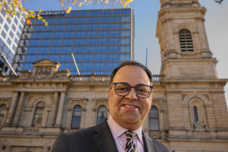 Rajeev Menon outside the new Adelaide Marriott which will open in August.
