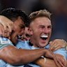 Jack Bowen (right) celebrating a Waratahs win.