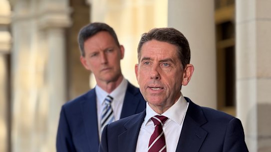 Labor deputy leader Cameron Dick and shadow health minister Mark Bailey at a press conference in Brisbane to discuss the abandonment of Dr Krispin Hajkowicz