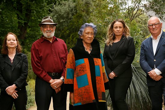 Yoorrook Justice Commissioners (L-R) Professor Maggie Walter, Dr Wayne Atkinson, Distinguished Yoorook chair Professor Eleanor Bourke, Yoorrook deputy chair Sue-Anne Hunter, and Professor Kevin Bell.