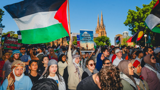 Protestors gather for a pro-Palestine rally at Hyde Park, Sydney 