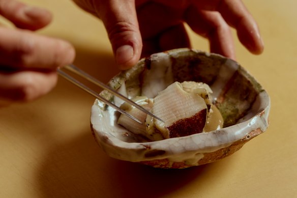 Steamed abalone with liver sauce.