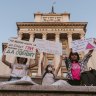 Protesters during a demonstration against the LGBTQ education law in Sofia, Bulgaria.