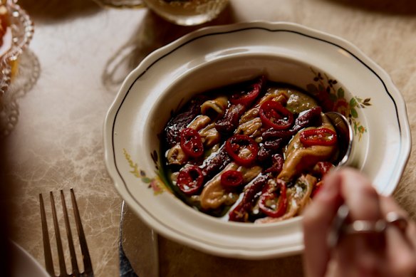 Preserved tomatoes and charred bread dip with smoked Portarlington mussels.