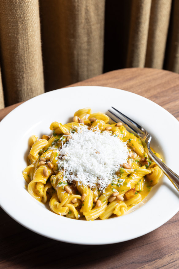 Canestri pasta with pumpkin-miso sauce.
