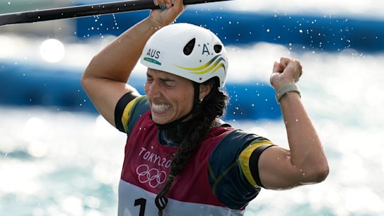 Jessica Fox crosses the finish line to win gold in the C1 canoe slalom
