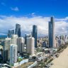 Aerial over ocean surf into the beach of Surfers Paradise Gold Coast Broadbeach, Gold Coast iStock photo