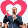 Donald Tusk, former president of the European Union (EU) and leader of the Civic Coalition, speaks during an election night rally at the party headquarters in Warsaw, Poland.