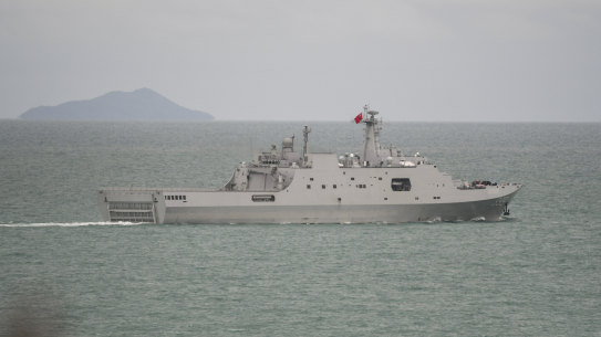 A PLA-N Yuzhao-class amphibious transport dock vessel transits through the Torres Strait on February 18, 2022. 