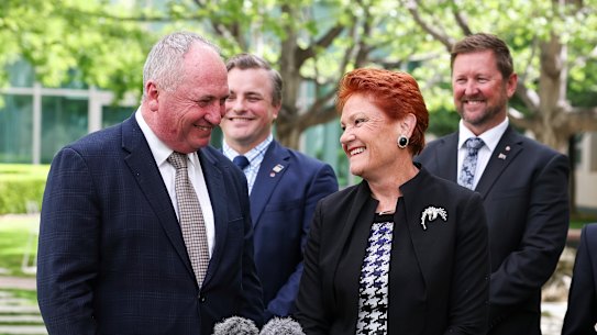 One Nations’ newest recruit Barnaby Joyce, with leader Pauline Hanson and fellow senators Sean Bell and Tyron Whitten.