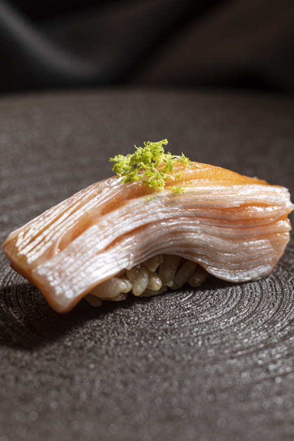 Ora king salmon nigiri with lime zest.