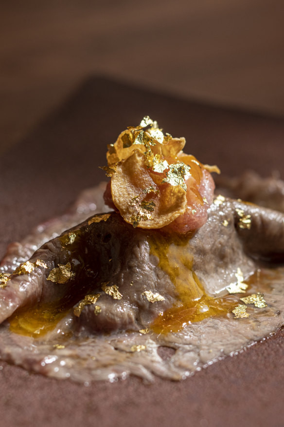 Wagyu with minced tuna belly and gold leaf.