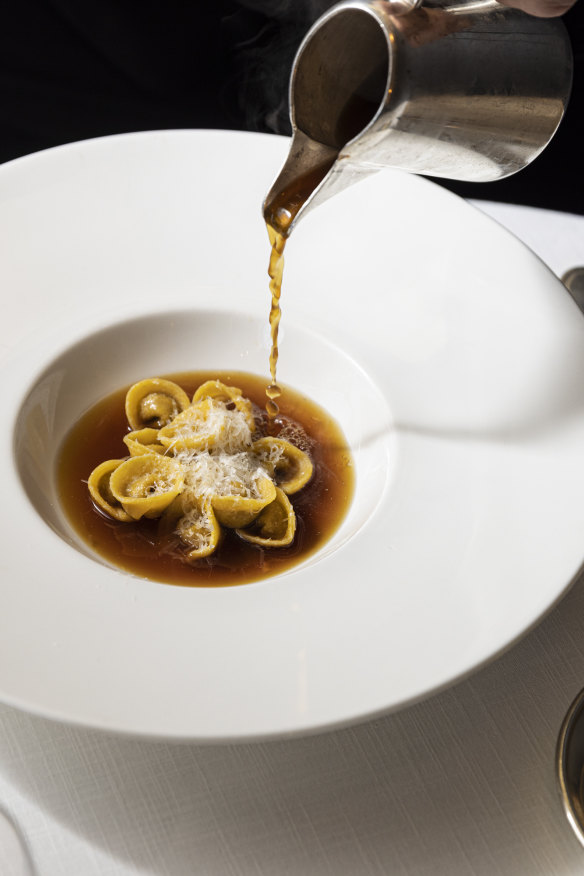 Veal and mortadella tortellini in brodo.