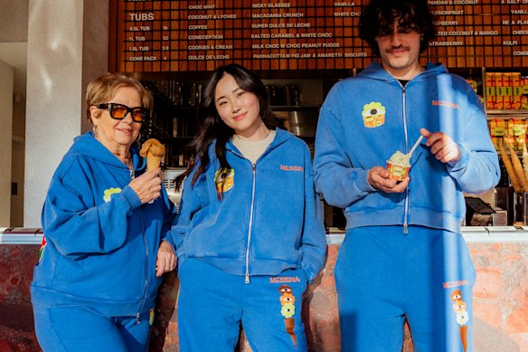 Gelato Messinas “eye-scream” blue tracksuits, modelled by “Nonna Carla”, Hayley Leong  and Tristan Palumbo.