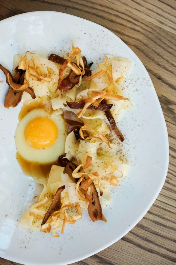 Parsnip pappardelle, egg yolk and pine mushrooms.