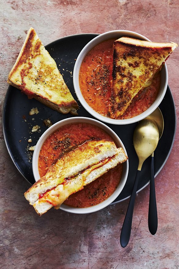 Tomato and kimchi soup with chilli grilled cheese.