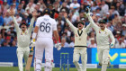 Steven Smith, David Warner and Alex Carey of Australia appeal for the wicket of Joe Root, who was given not out. 