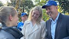 Josh Frydenberg and Amelia Hamer with a pre-poll voter in Malvern.