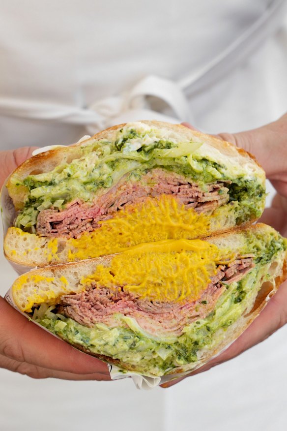 Rare beef sandwich.