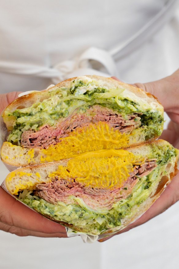 Rare beef sandwich.