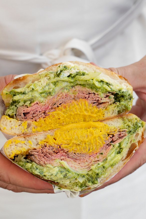 Rare beef sandwich.