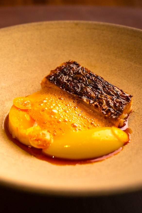 Crisp-skinned coral trout served with “bawdily ripe” mango and blood lime.