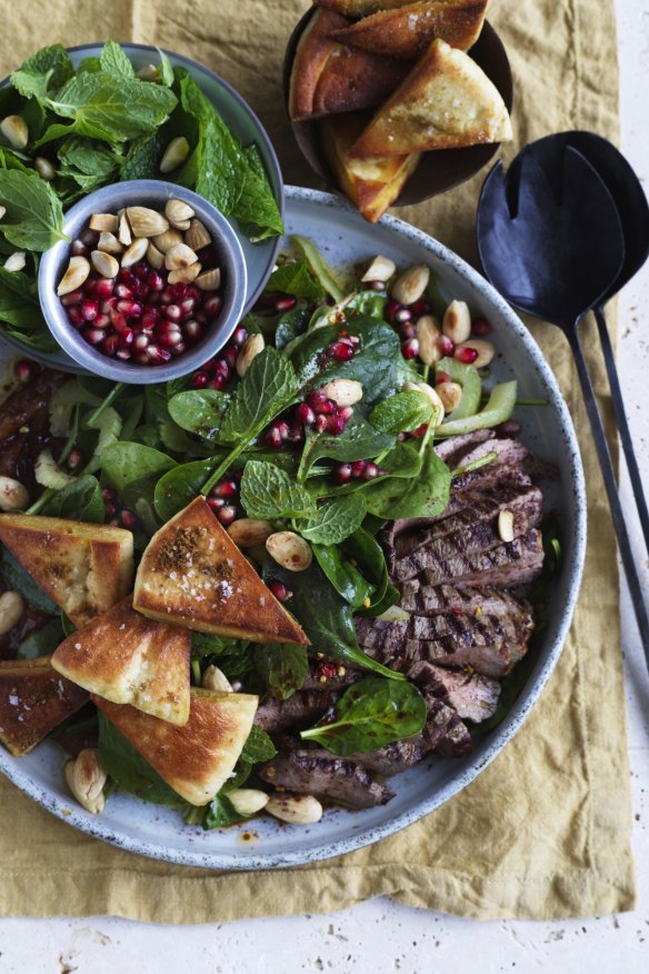 Karen Martini’s lamb, spinach and date salad with crisp pita.
