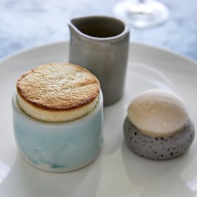 Lemon souffle and salted almond gelato.