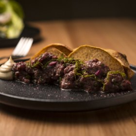 Kangaroo tartare with smoked oyster aioli.