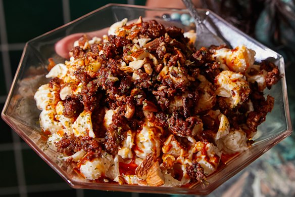 Turkish manti dumplings are reborn as a pasta salad topped with crispy lamb.