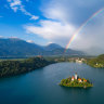 Somewhere and a rainbow – Lake Bled, the island and the alps.