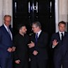 From left, German chancellor Friedrich Merz, Ukrainian President Volodymyr Zelensky, UK Prime Minister Keir Starmer and French President Emmanuel Macron after their meeting at 10 Downing Street in London on Sunday.