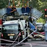 The wreckage of a double decker bus with its top blown off at Tavistock Square in London  on July 7, 2005.