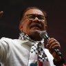 Anwar Ibrahim speaks to the crowd at the pro-Palestinian gathering in Kuala Lumpur on Tuesday night. 