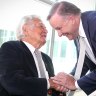 Former prime minister Bob Hawke with  Anthony Albanese at the launch of the book, 'Albanese: Telling it straight'.
