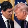 Warsh and US President Donald Trump confer following their speeches.