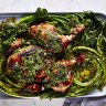 Adam Liaw’s barbecued chicken with charred greens and chimichurri.