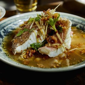 Steamed coral trout with pickled plums.
