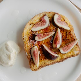 Challah French toast with fresh fig and mascarpone.